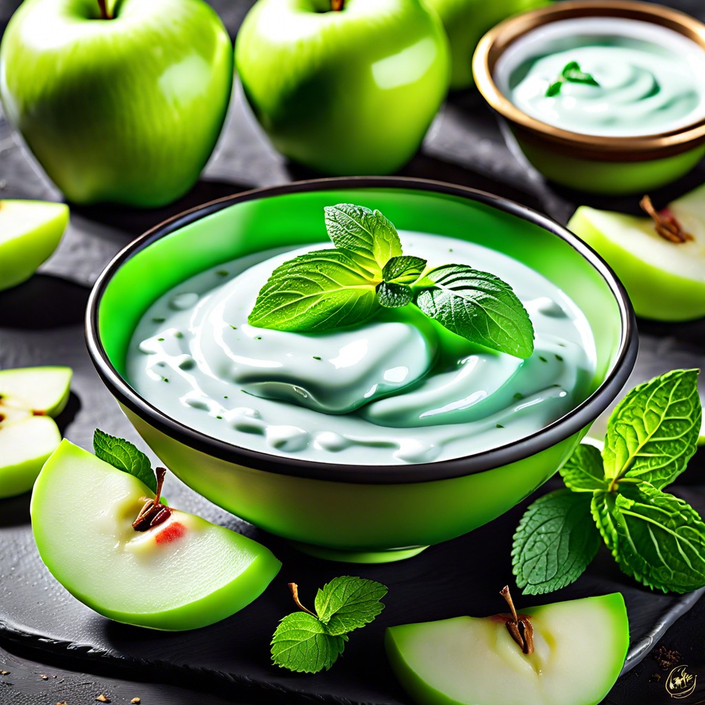 green apple slices with mint yogurt dip