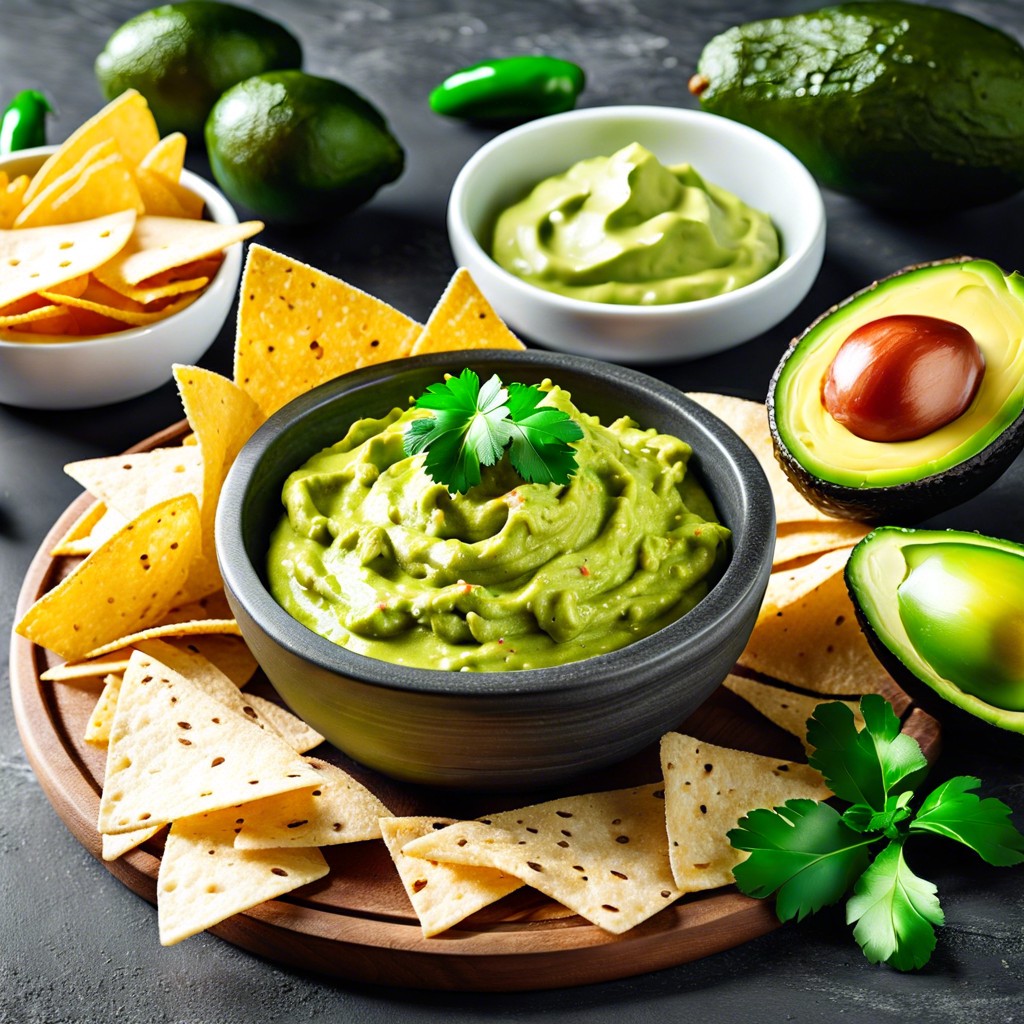 green guacamole dip with chips