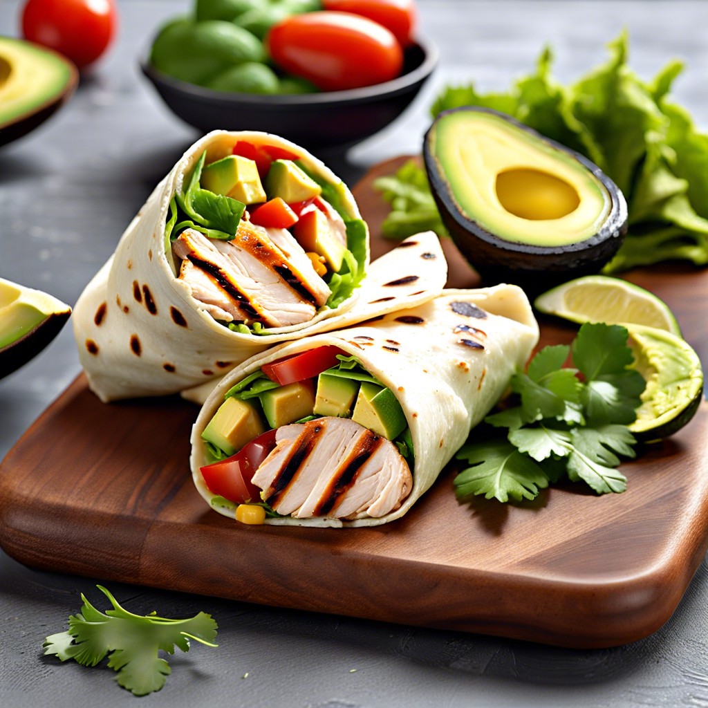 grilled chicken and avocado wraps with whole wheat tortillas