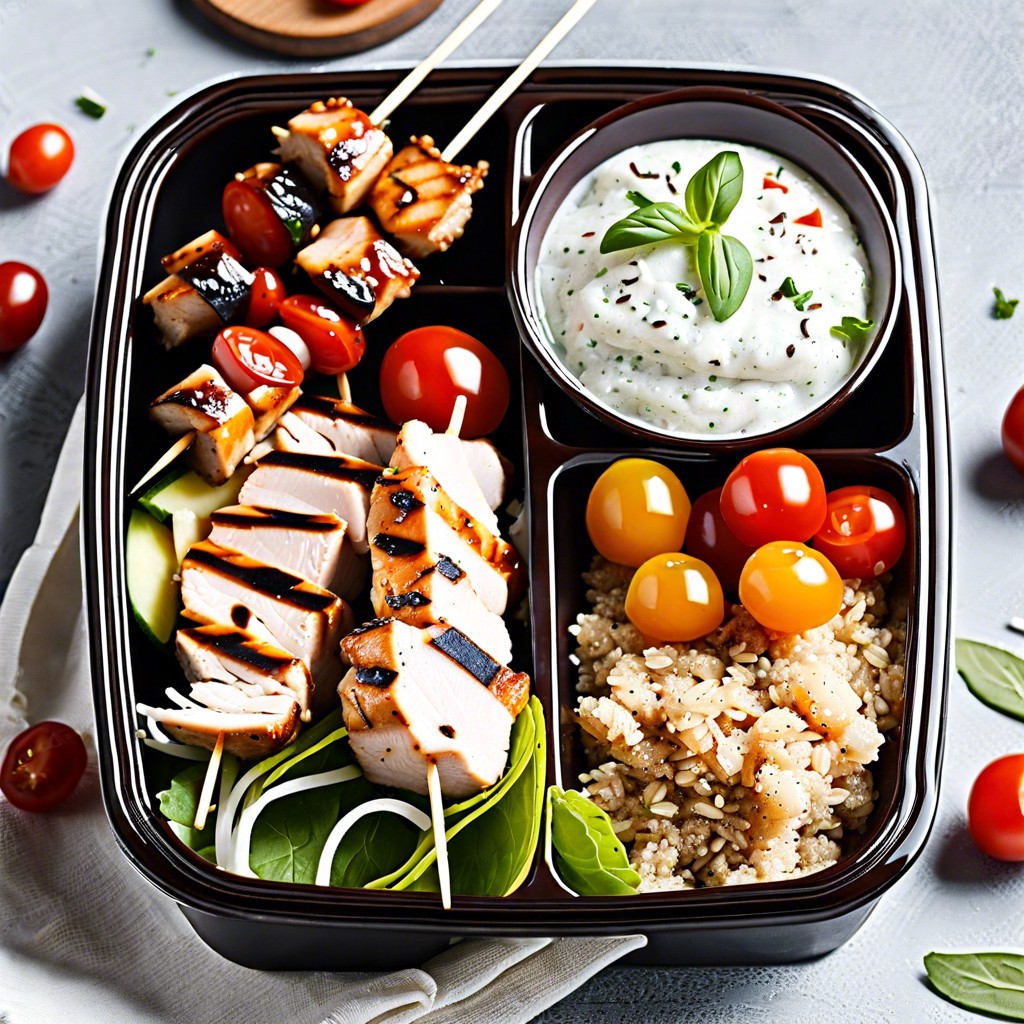 grilled chicken skewers quinoa salad cherry tomatoes and tzatziki