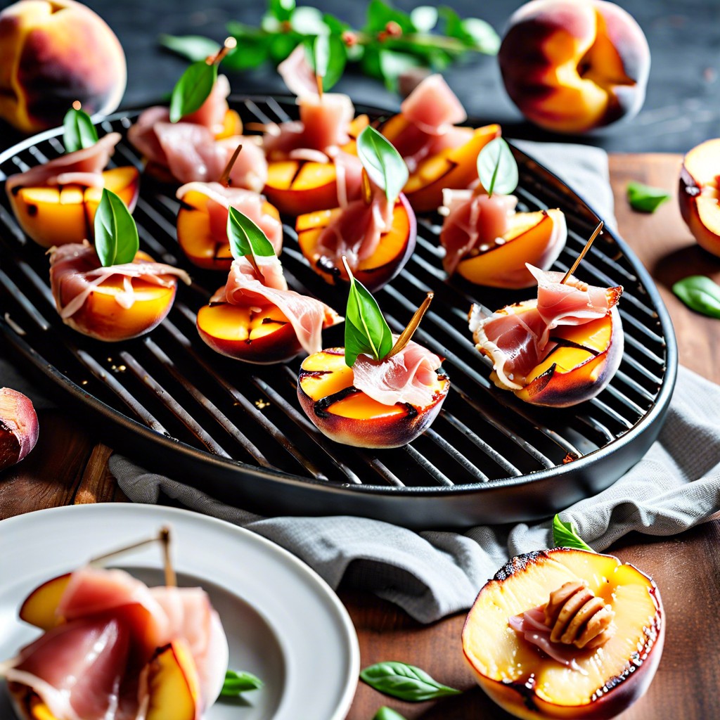 grilled peach and prosciutto bites