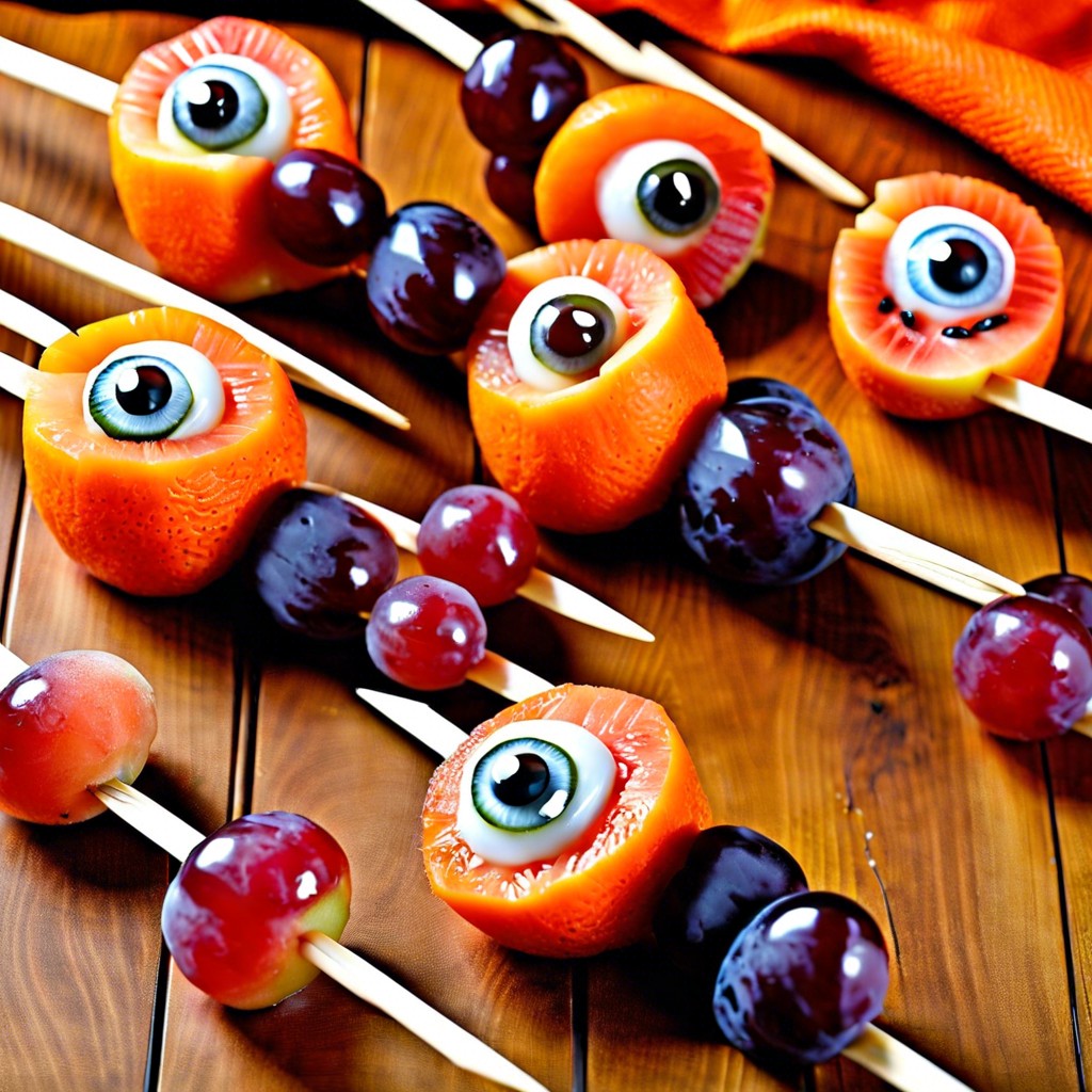 halloween themed fruit skewers like grape and melon eyeballs