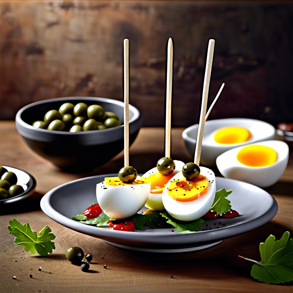 hard boiled egg and caper berry skewers