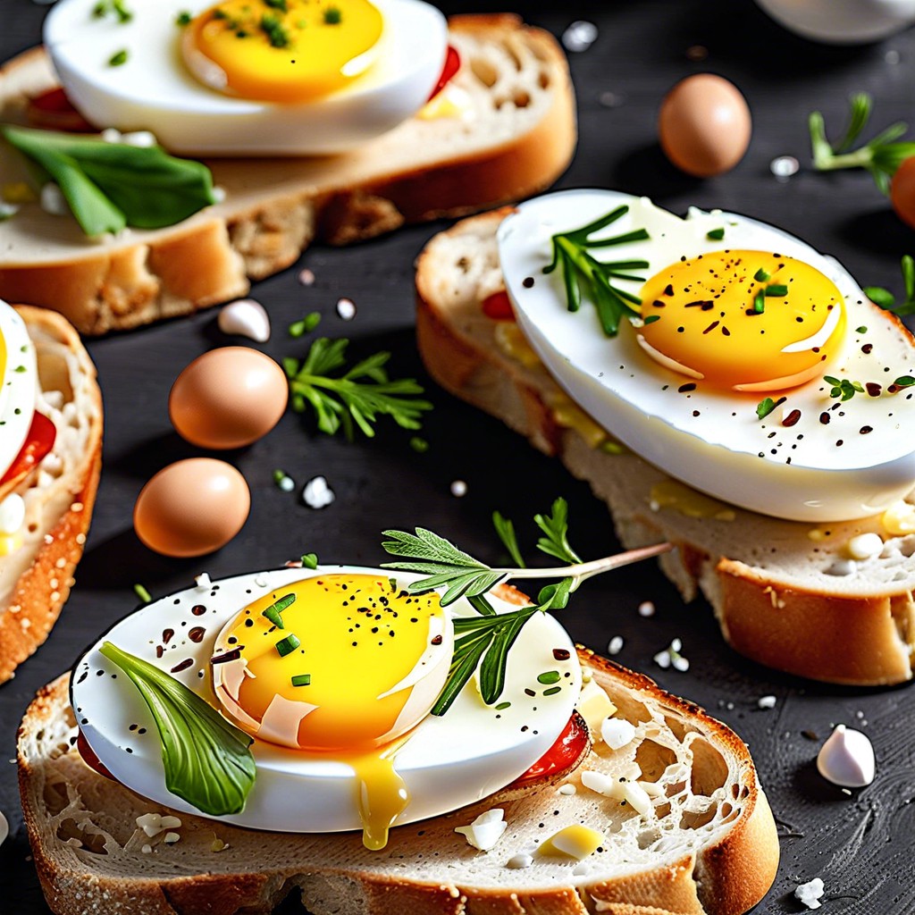 hard boiled eggs with olive tapenade on crostini