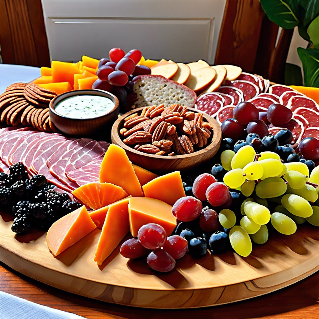 harvest board assorted cheeses dried fruits nuts and honey