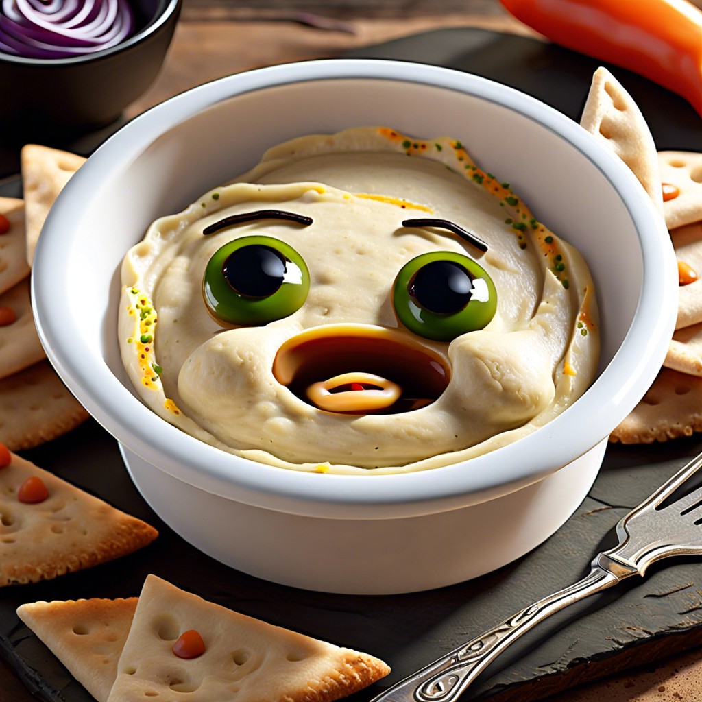 haunted hummus serve hummus with olive eyes and use whole wheat pita bread for dipping