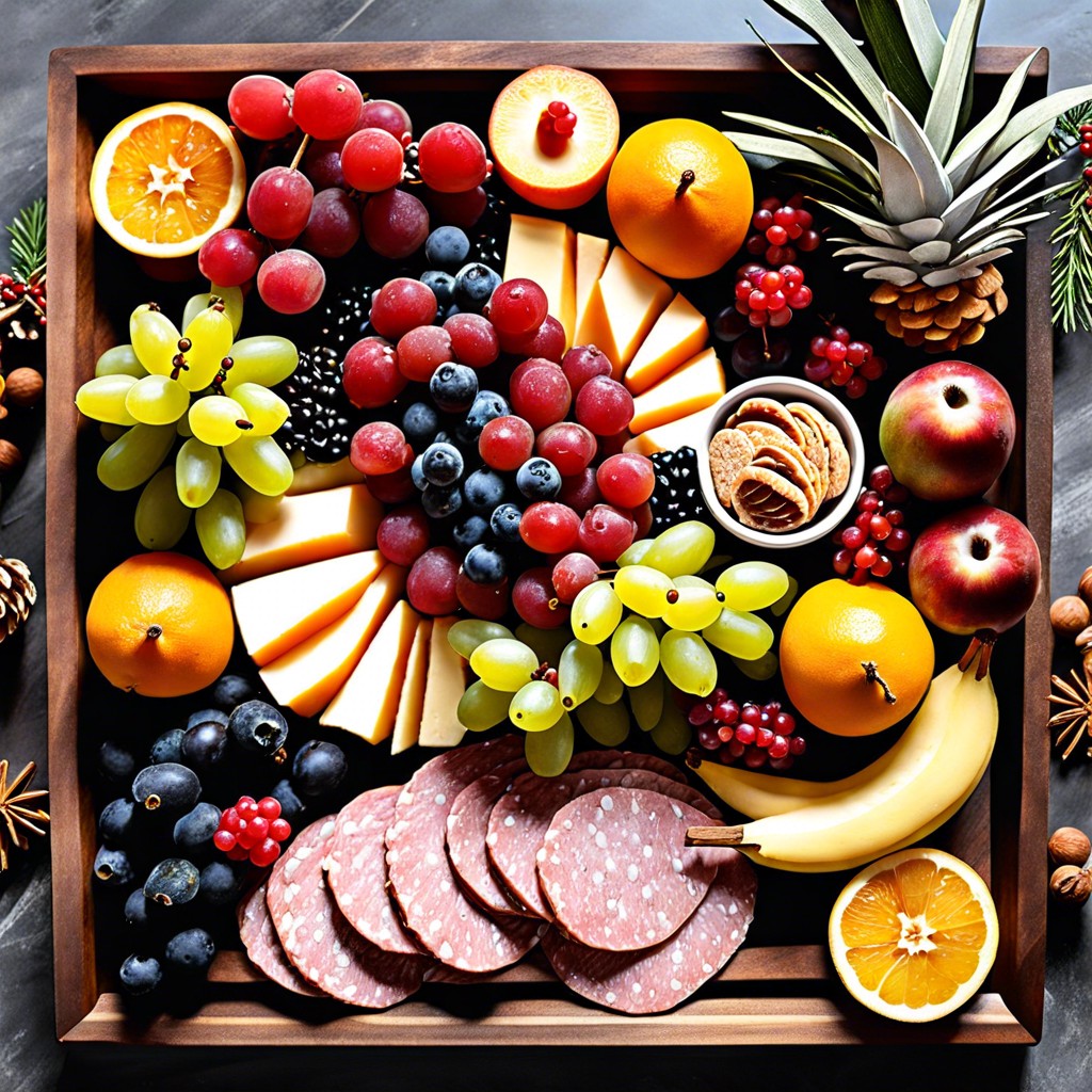 holiday themed board featuring seasonal fruits and festive decorations