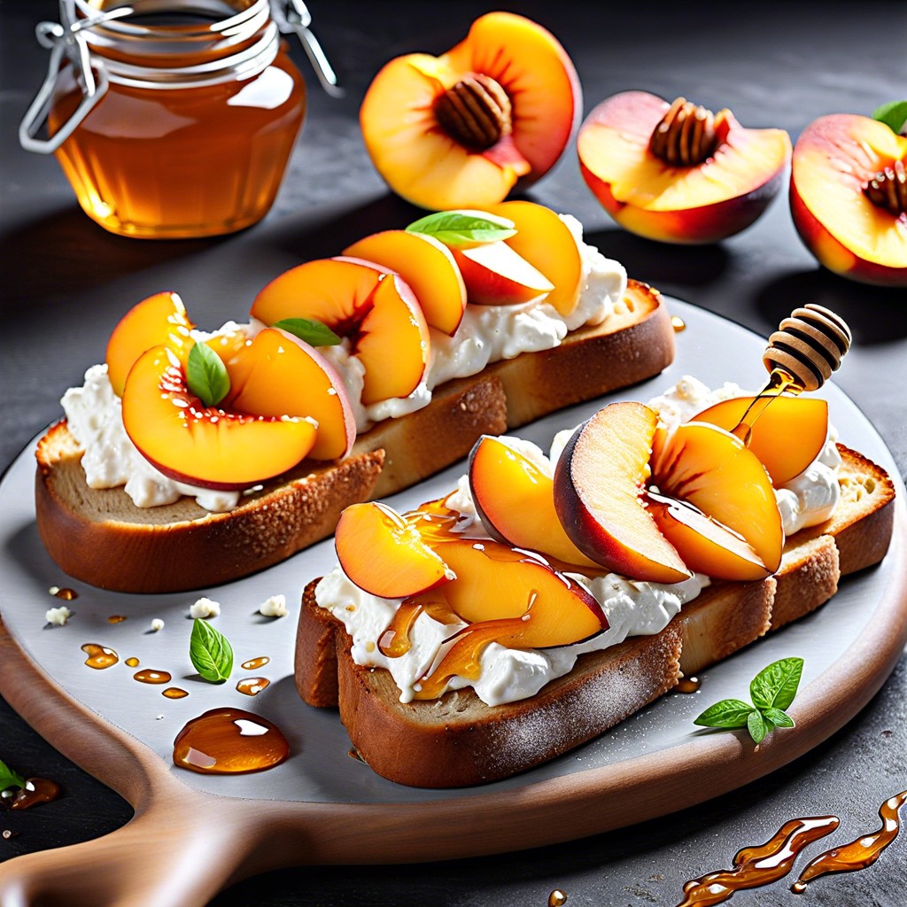 honey amp peach cottage cheese toast sliced peaches and a drizzle of honey
