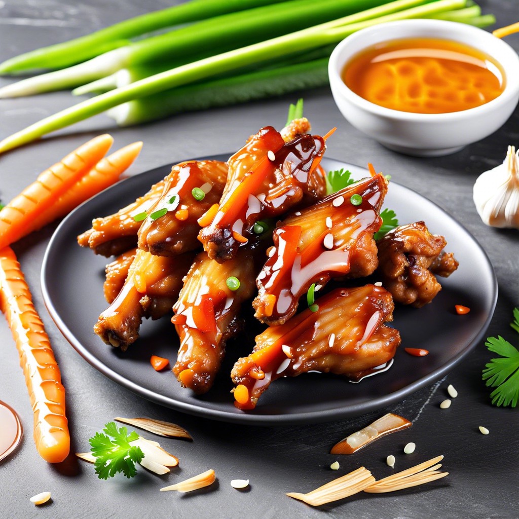 honey garlic wings with carrot sticks