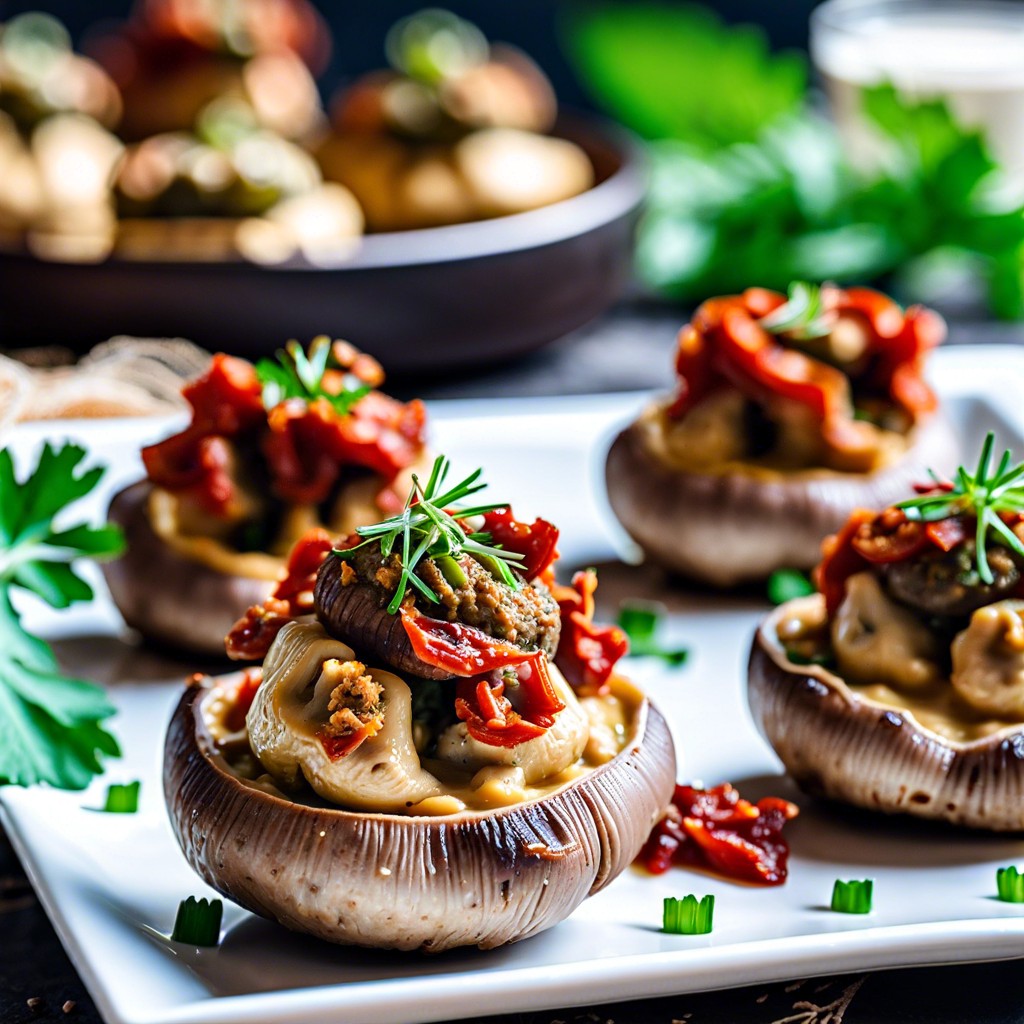 hummus and sun dried tomato stuffed mushrooms