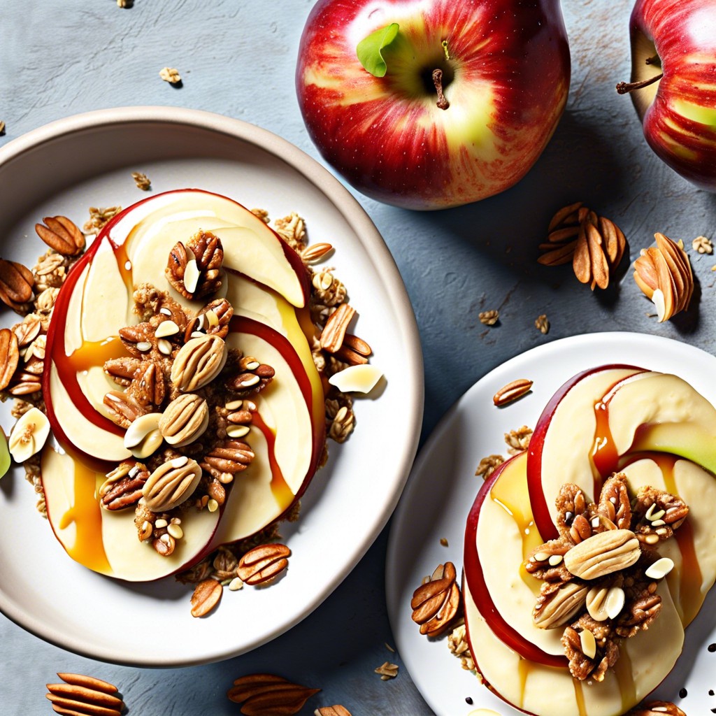 hummus smeared on apple slices topped with granola