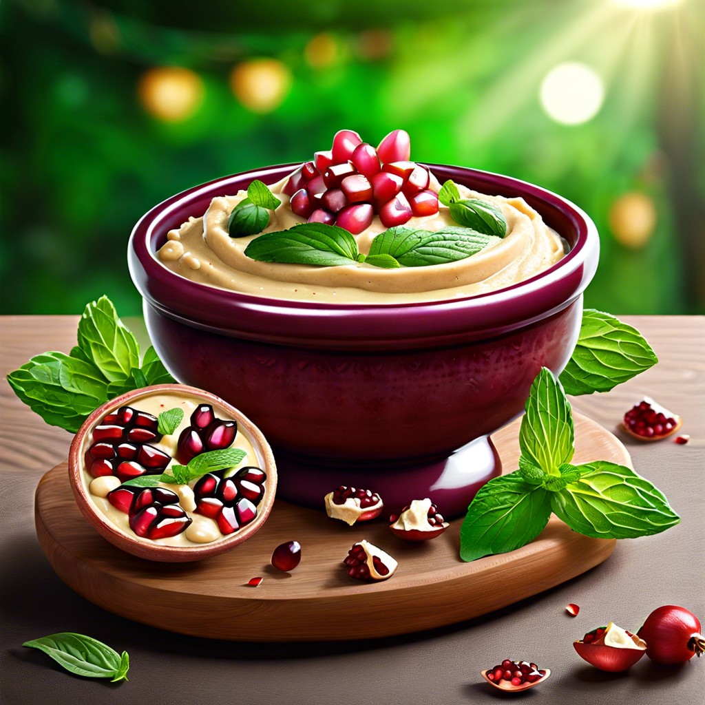 hummus topped with pomegranate and mint