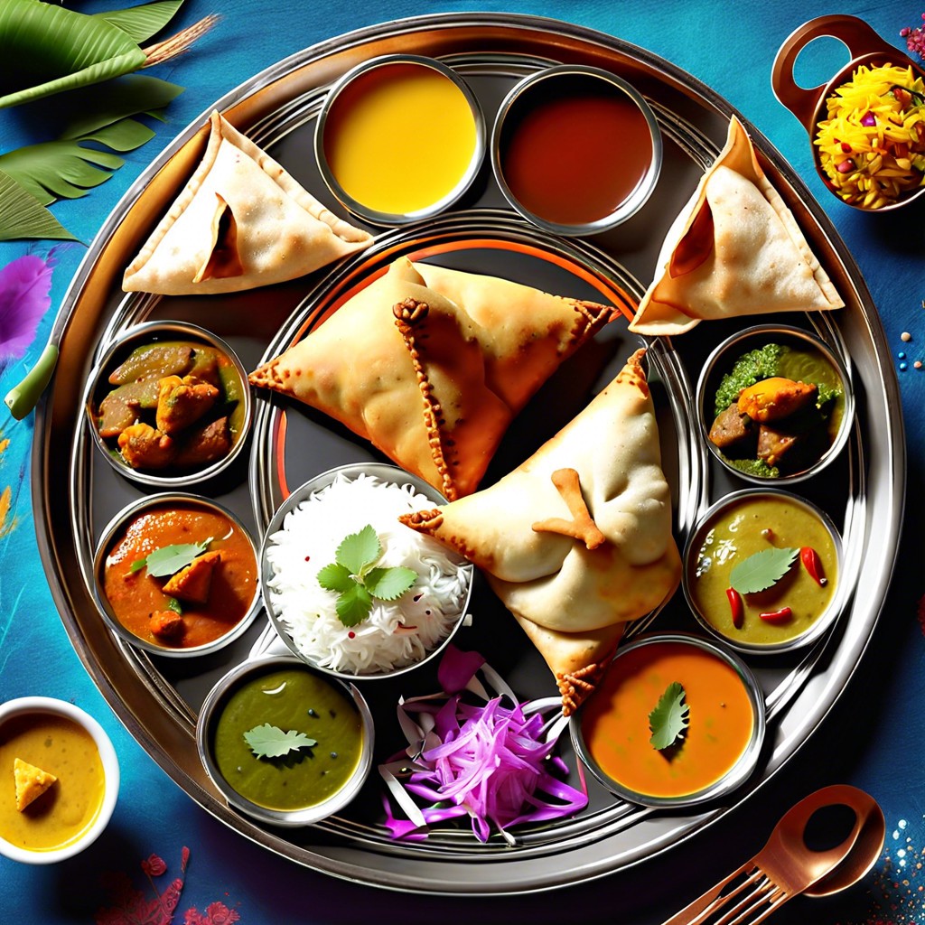 indian thali with mini samosas and chutneys