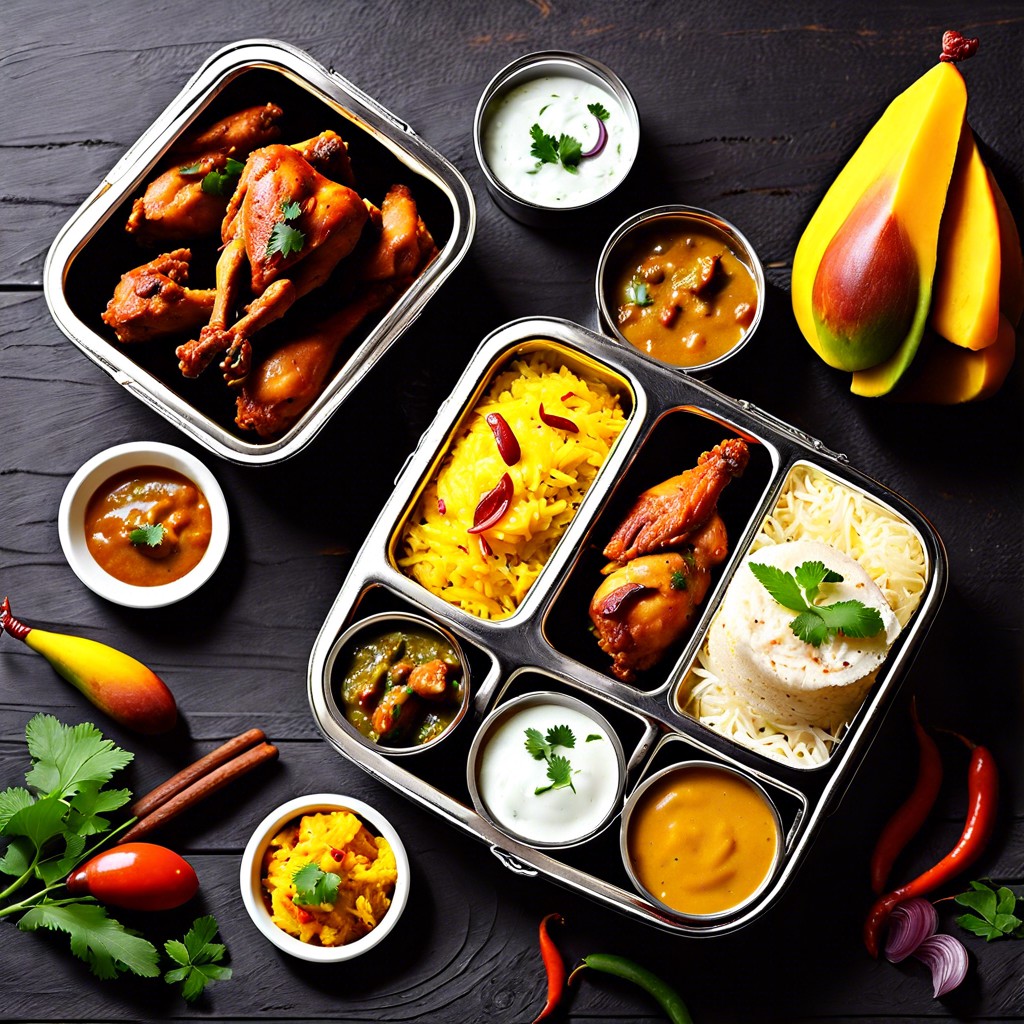 indian tiffin tandoori chicken saffron rice raita and mango chutney