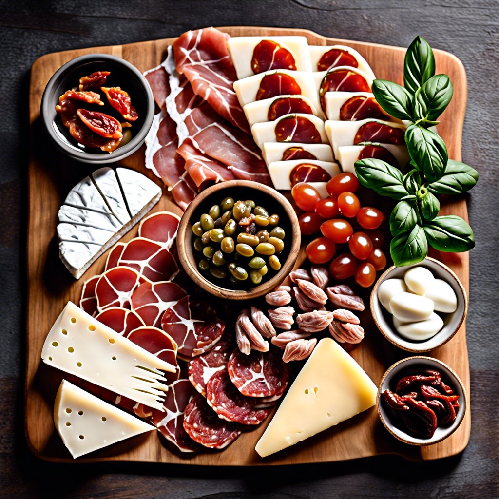 italian board with prosciutto mozzarella balls and sun dried tomatoes