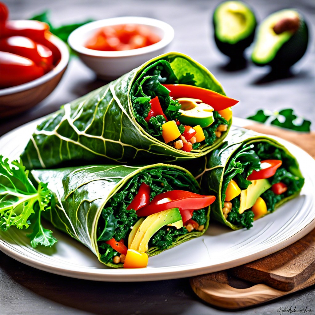 kale wraps with avocado and bell pepper slices