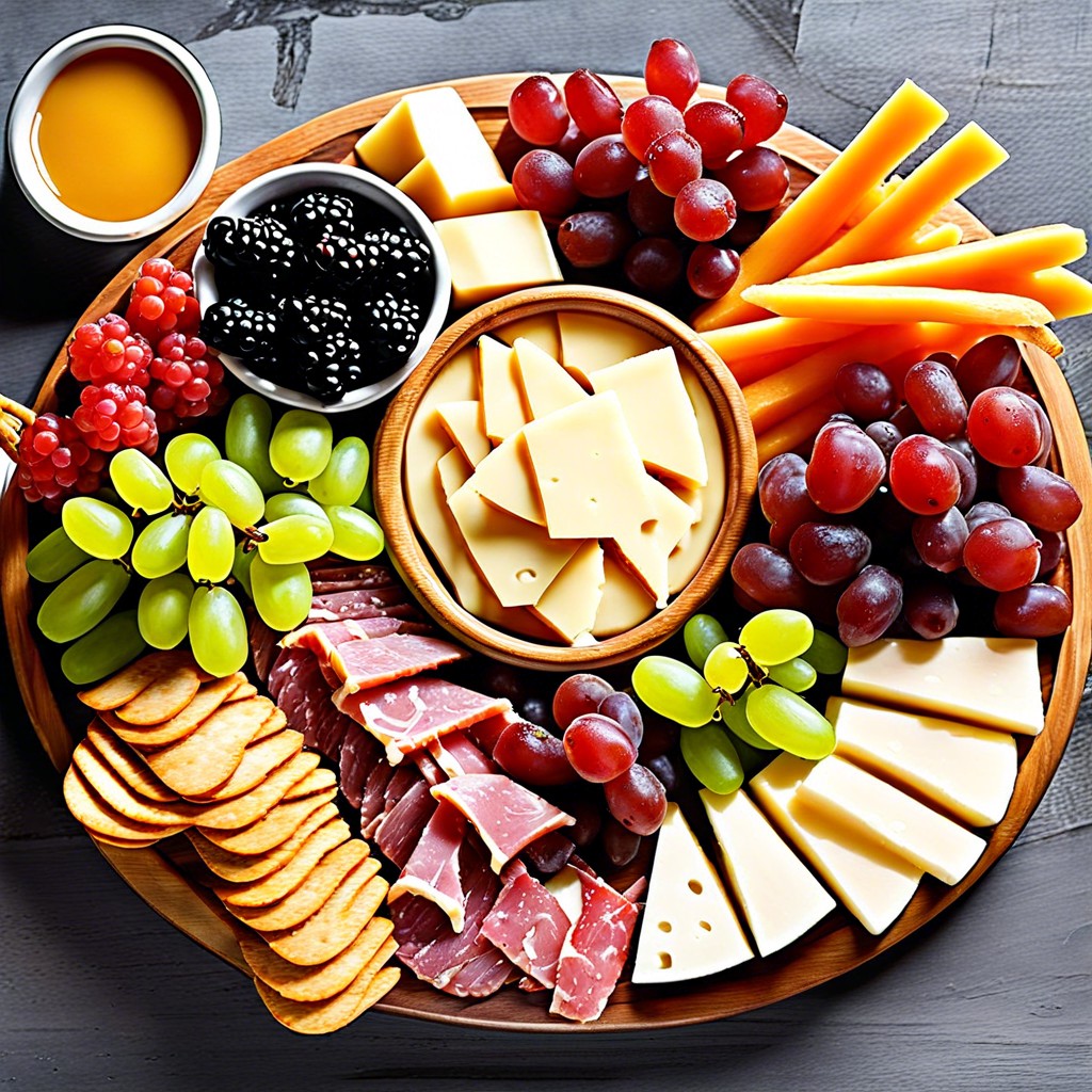 kids friendly board with cheese sticks mini pretzels and grapes