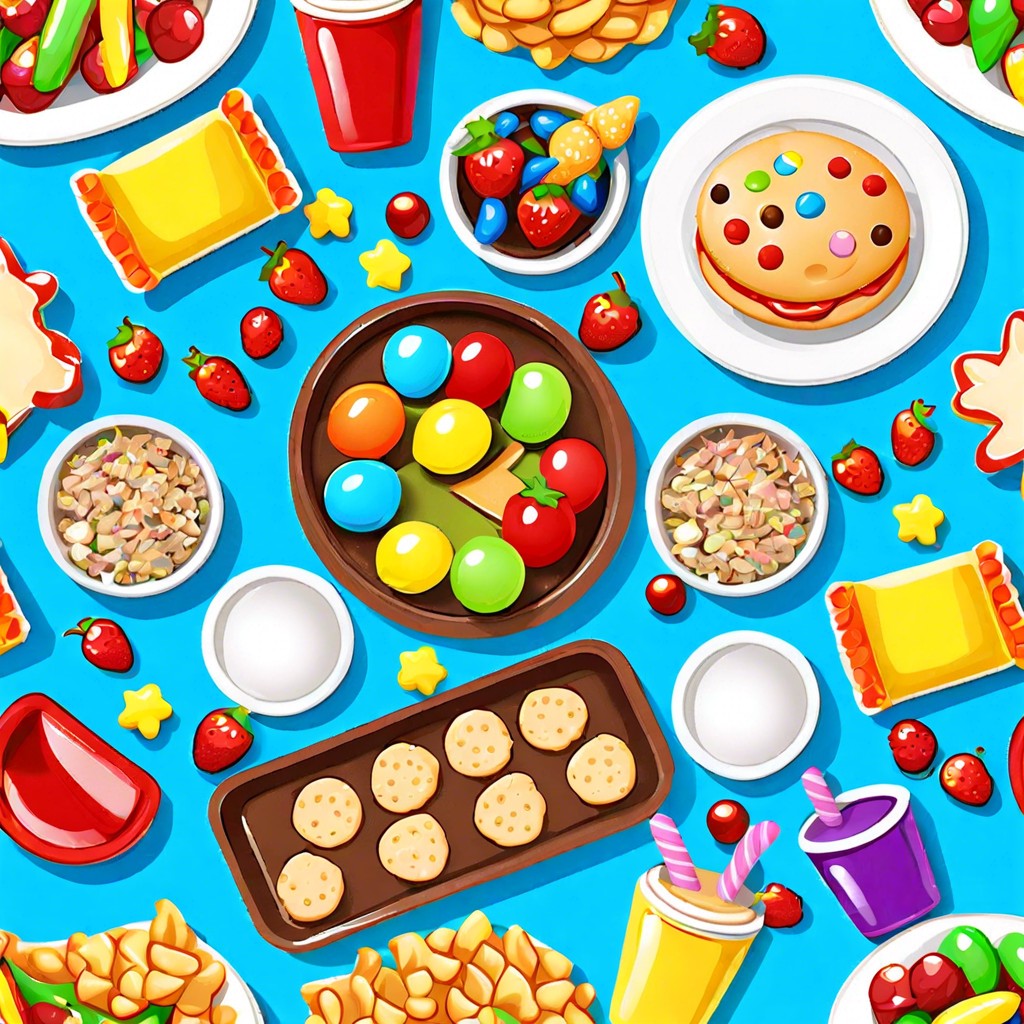 kids party tray with finger sandwiches and fruit skewers