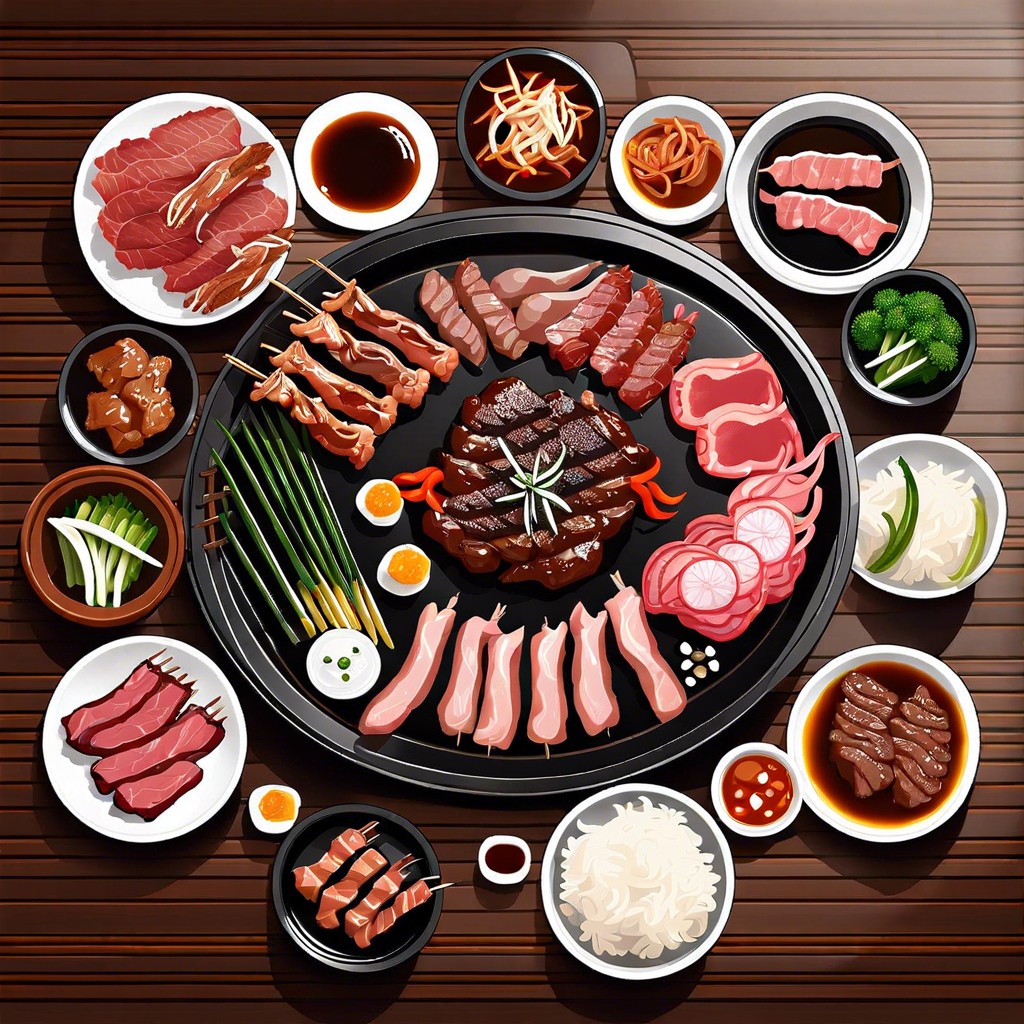korean bbq tray with marinated meats and kimchi