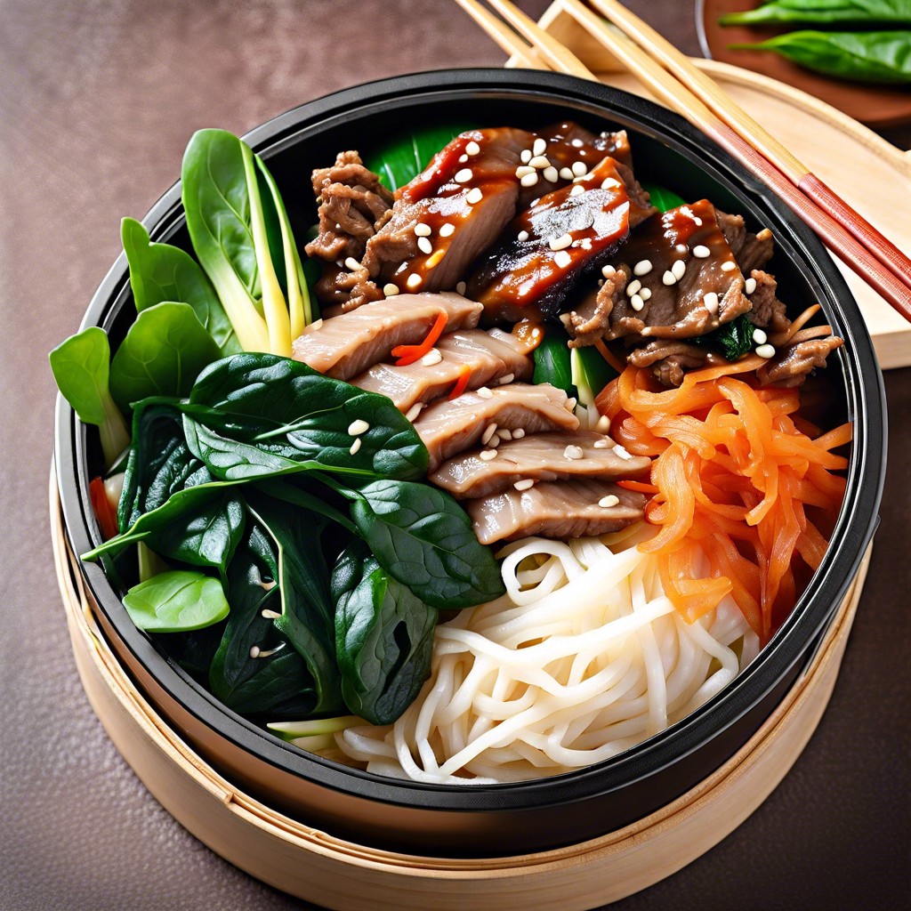 korean beef bulgogi kimchi glass noodles and spinach