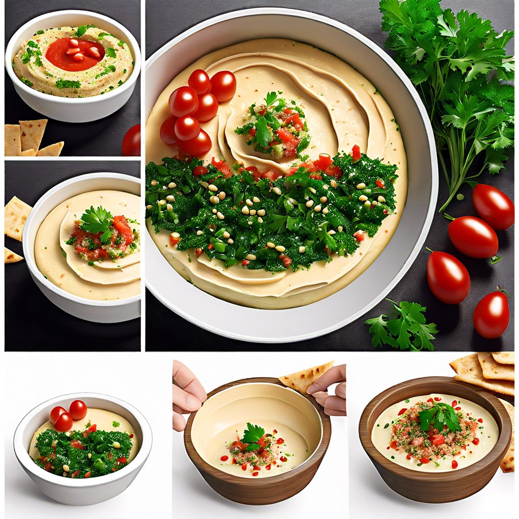 layered hummus and tabbouleh dip with crispy pita