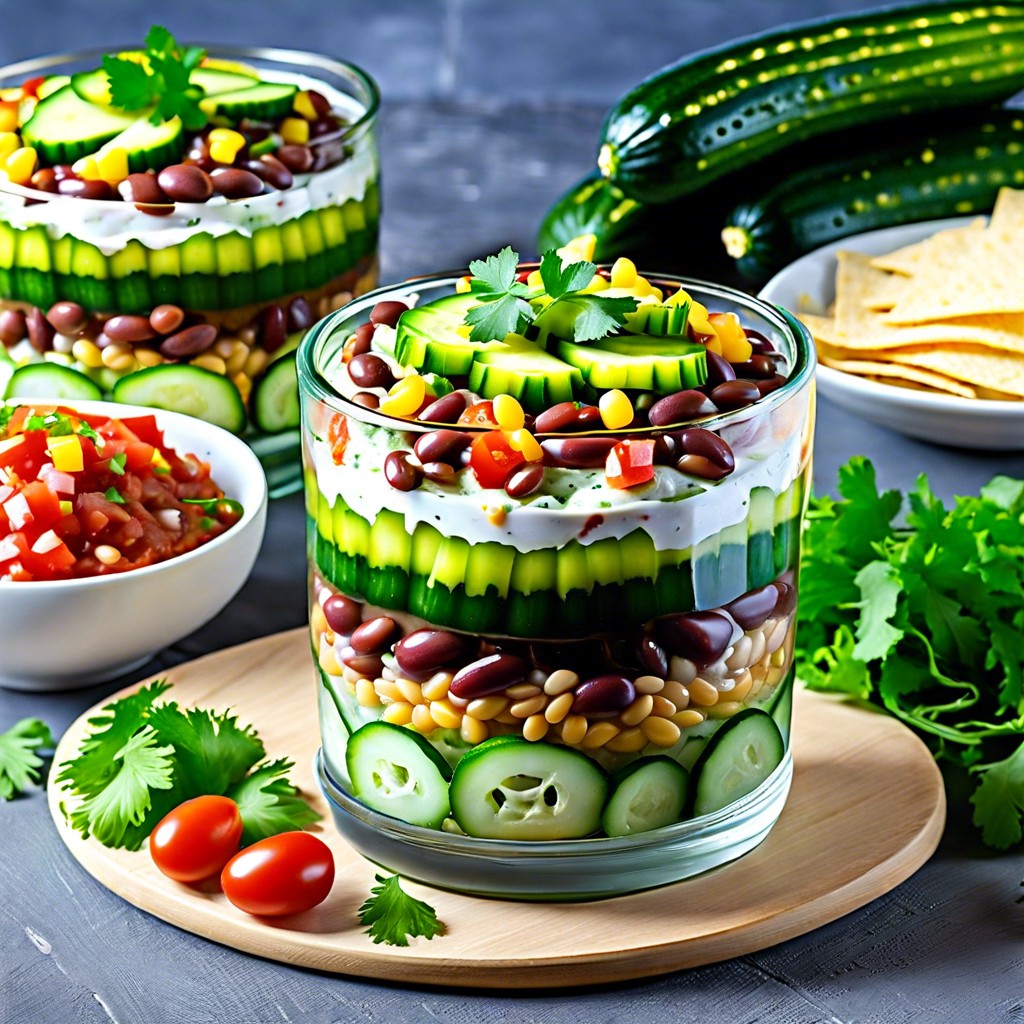 layered mexican cucumber dip with refried beans guacamole and salsa
