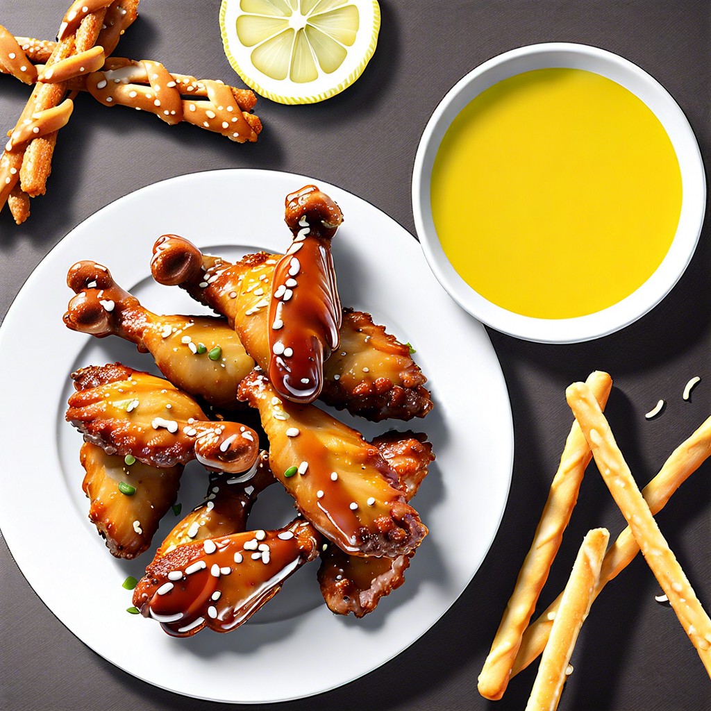 lemon pepper wings with pretzel sticks