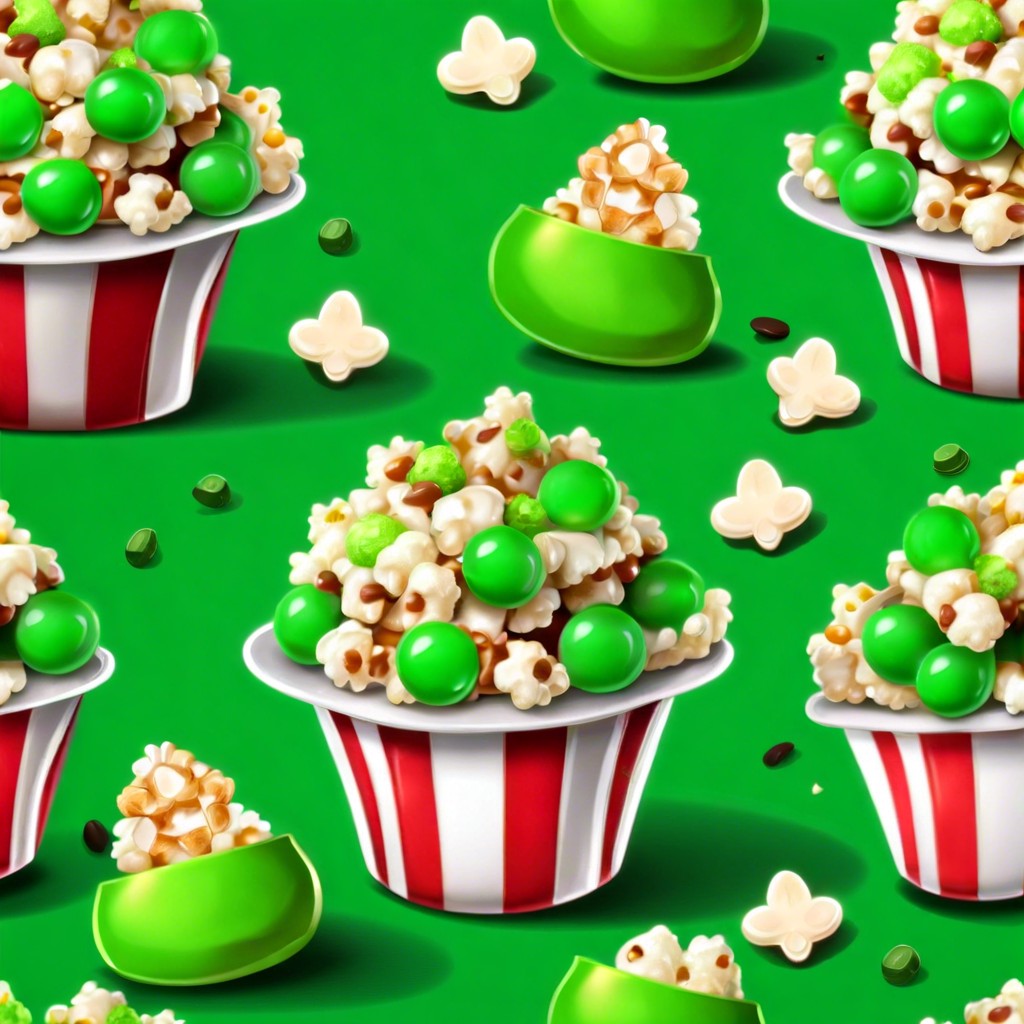 leprechaun popcorn green colored with chocolate candies