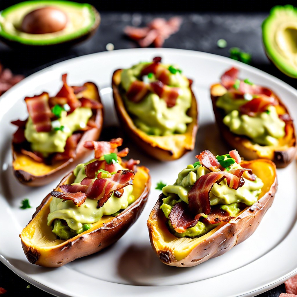 loaded potato skins with guacamole and bacon