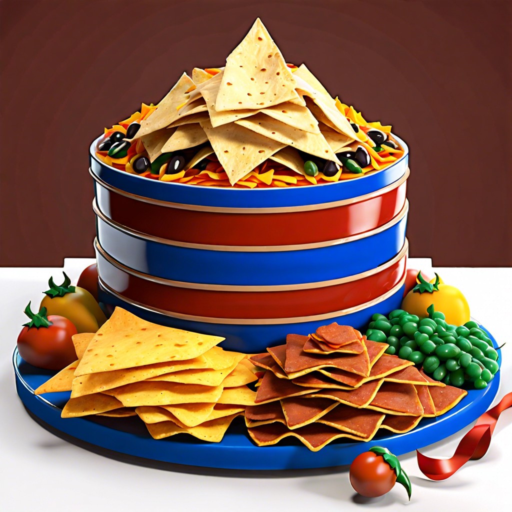 magna cum nachos layered nacho platter with toppings in school colors