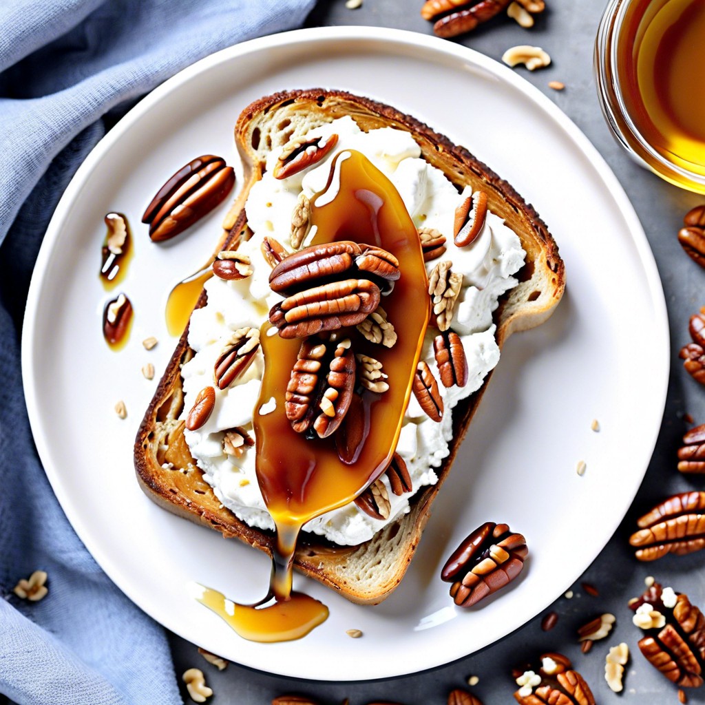 maple pecan cottage cheese toast drizzle of maple syrup and chopped pecans