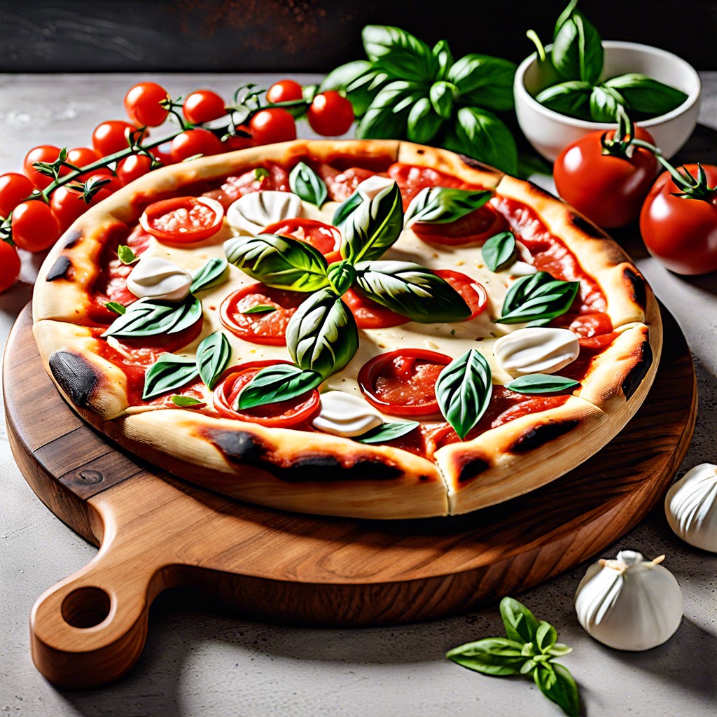 margherita board fresh mozzarella cherry tomatoes basil olive oil