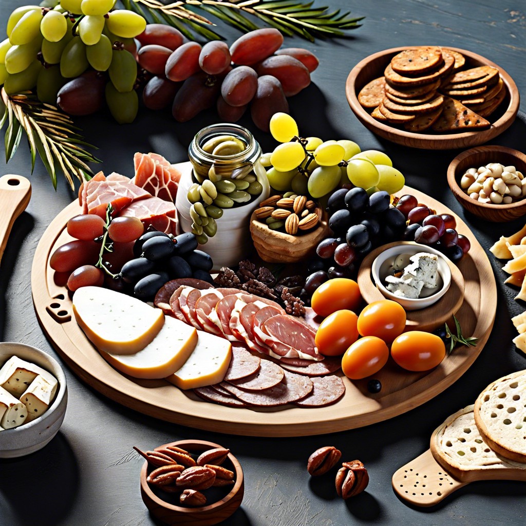 mediterranean board with greek olives hummus pita and feta