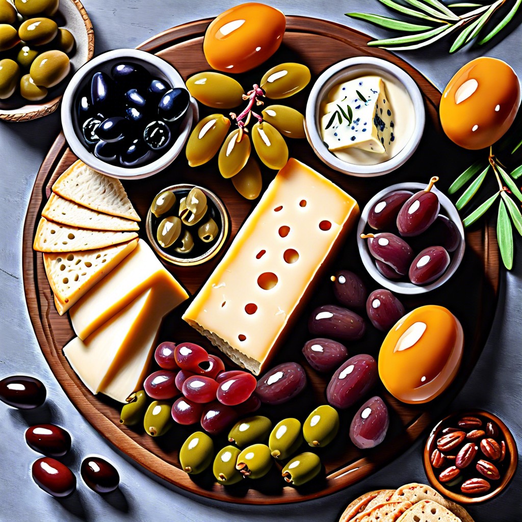 mediterranean board with olives cheeses and pitas