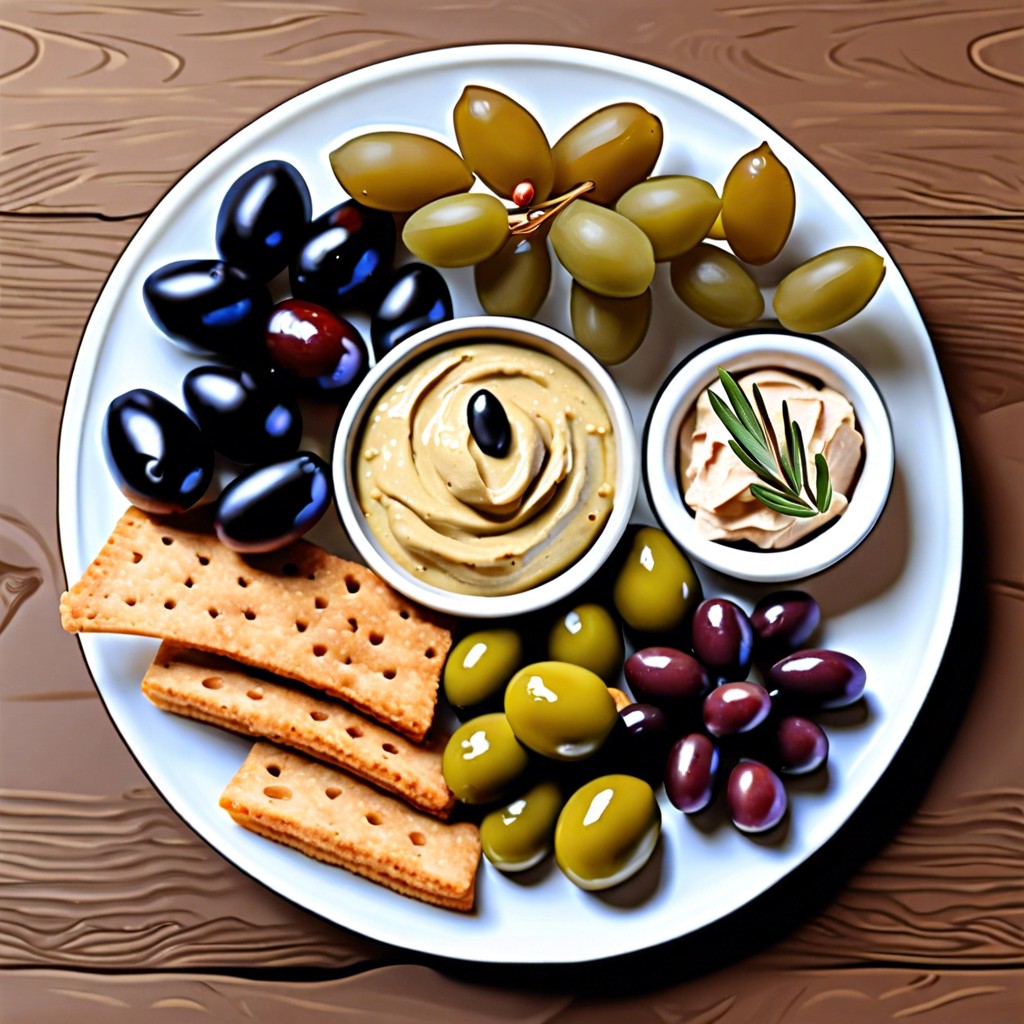 mediterranean munch tray hummus baba ganoush pita olives feta and grape leaves