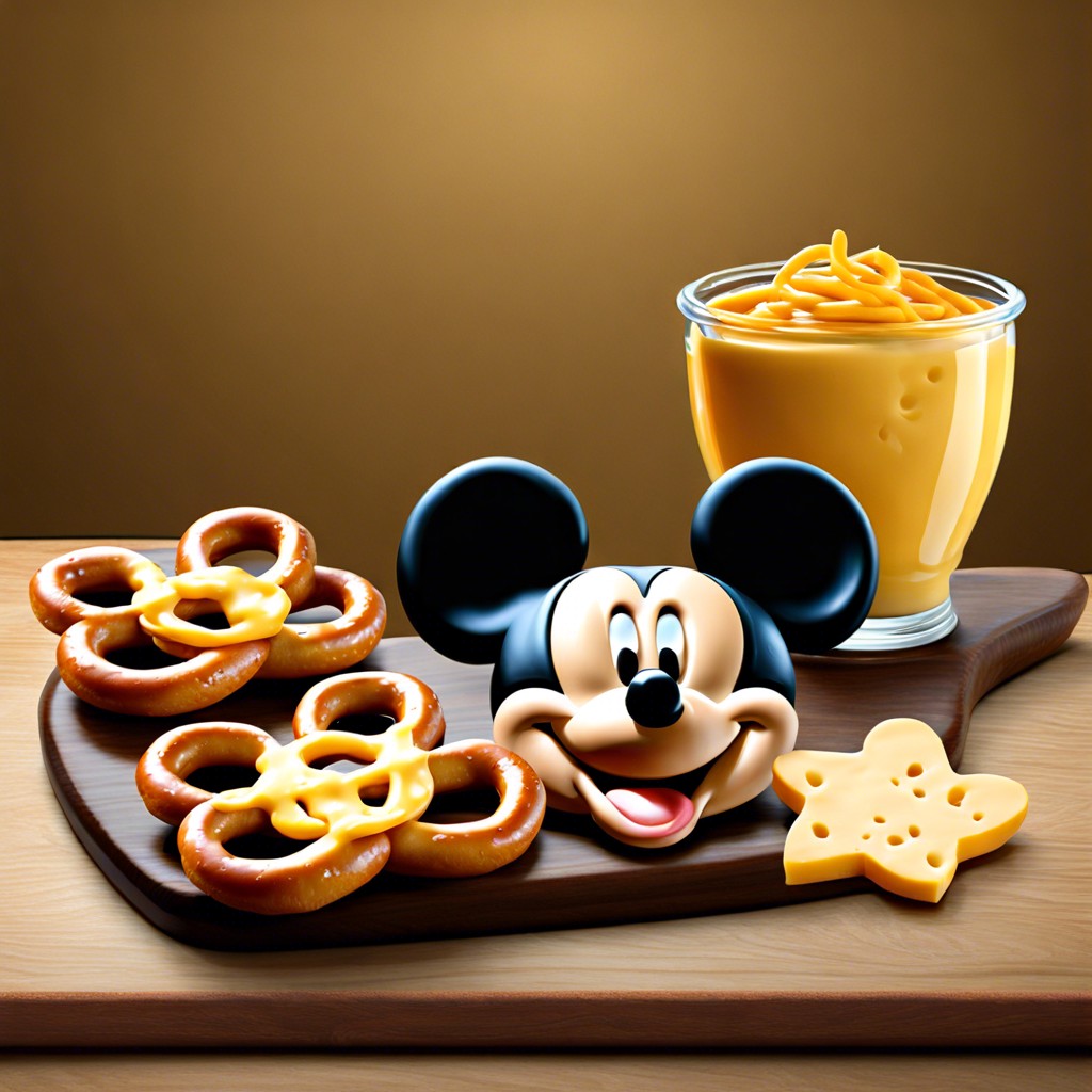 mickey mouse shaped pretzels with cheese dip
