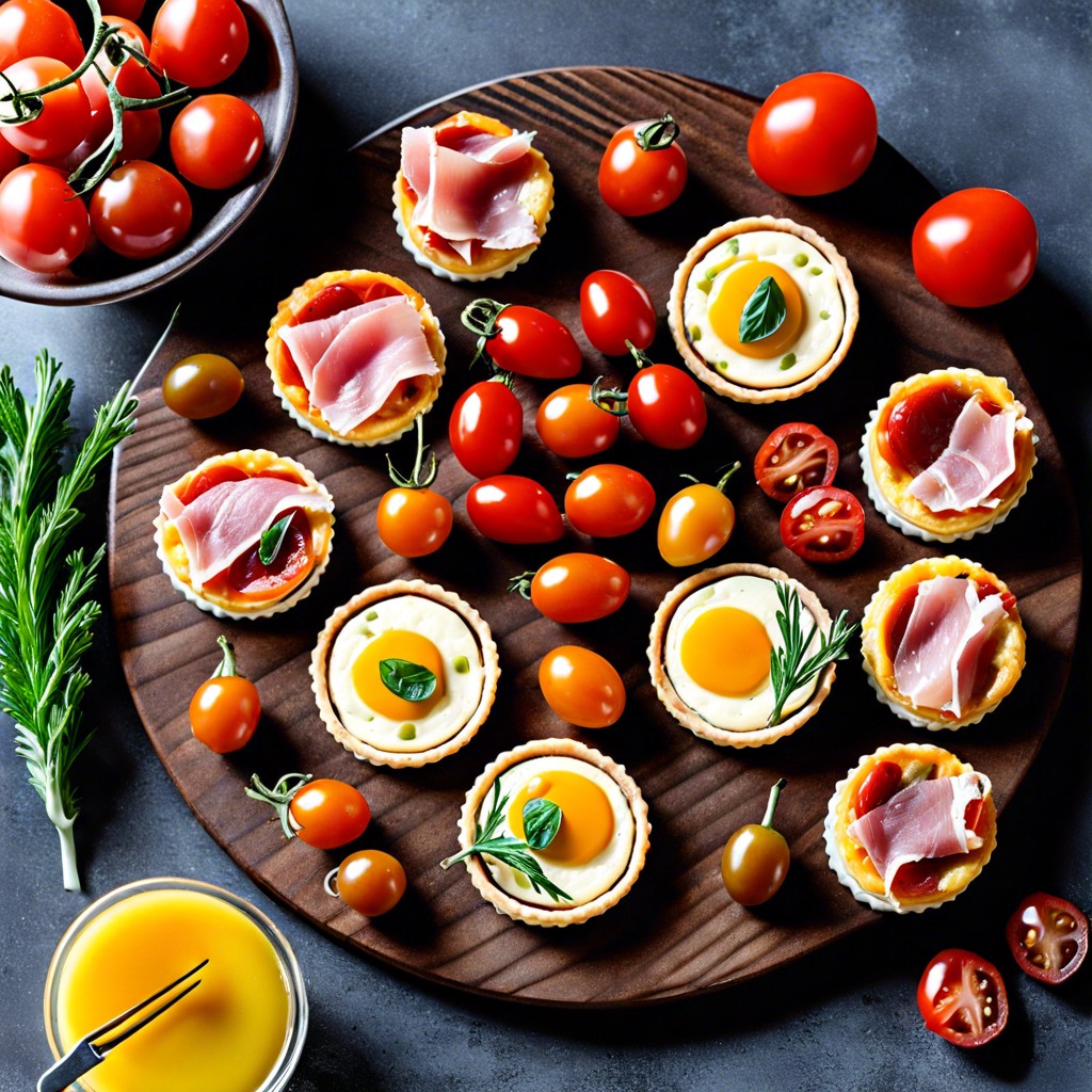 mini quiches prosciutto slices cherry tomatoes