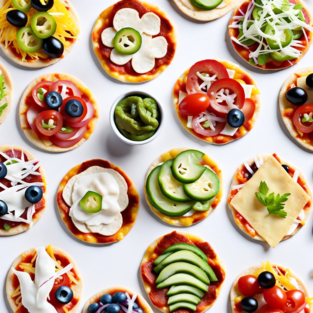 mini tortilla pizzas with various toppings