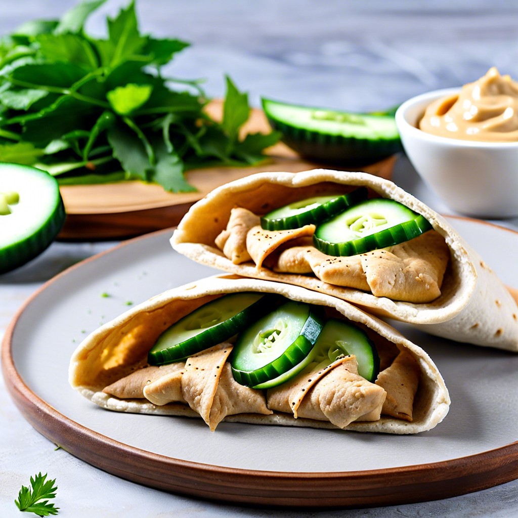 mini whole wheat pita pockets with hummus and cucumber slices