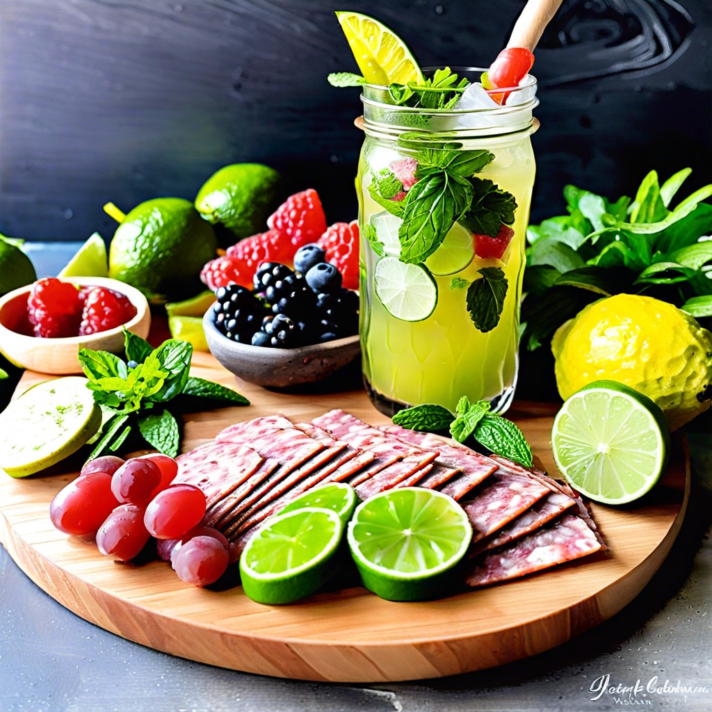 mojito with mint leaves churros and tropical fruits