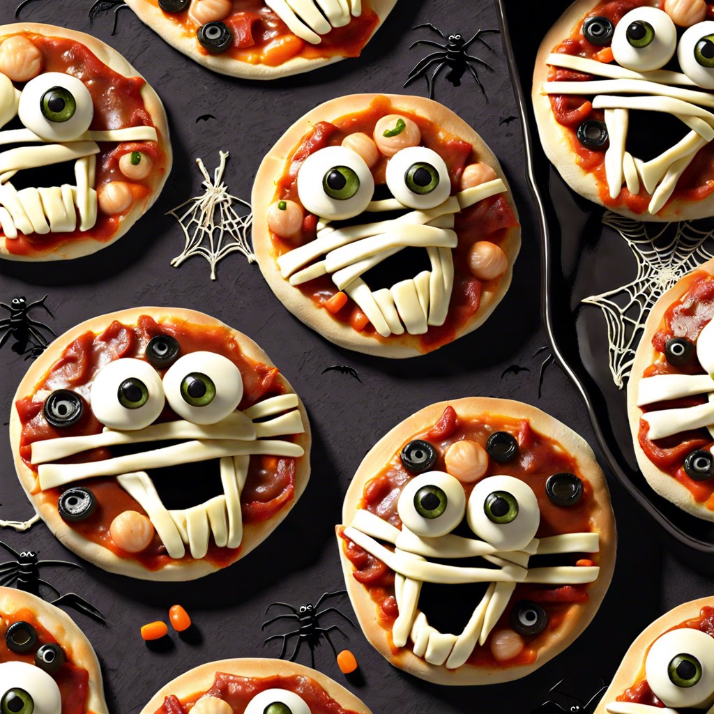 mummy mini pizzas use string cheese for the wrapping and olives for eyes