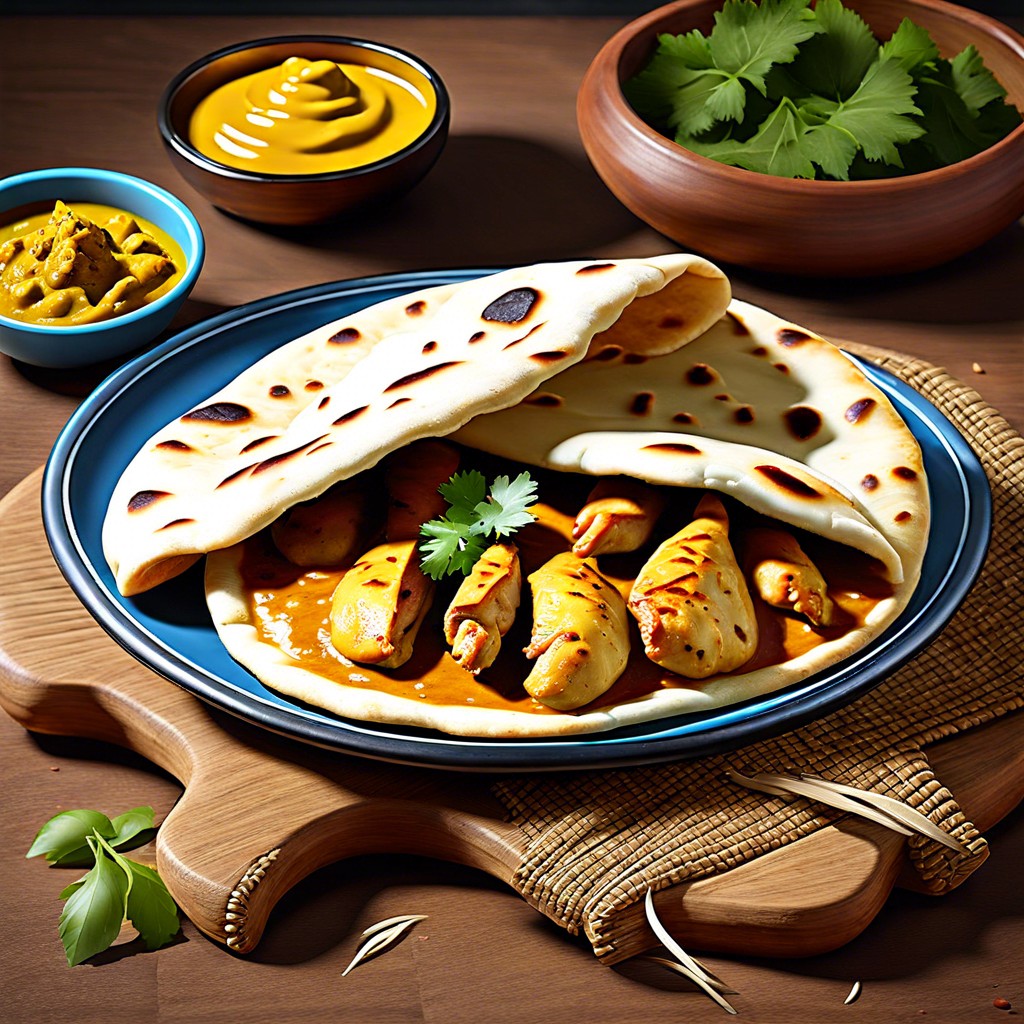 naan bread with curry chicken and mango chutney