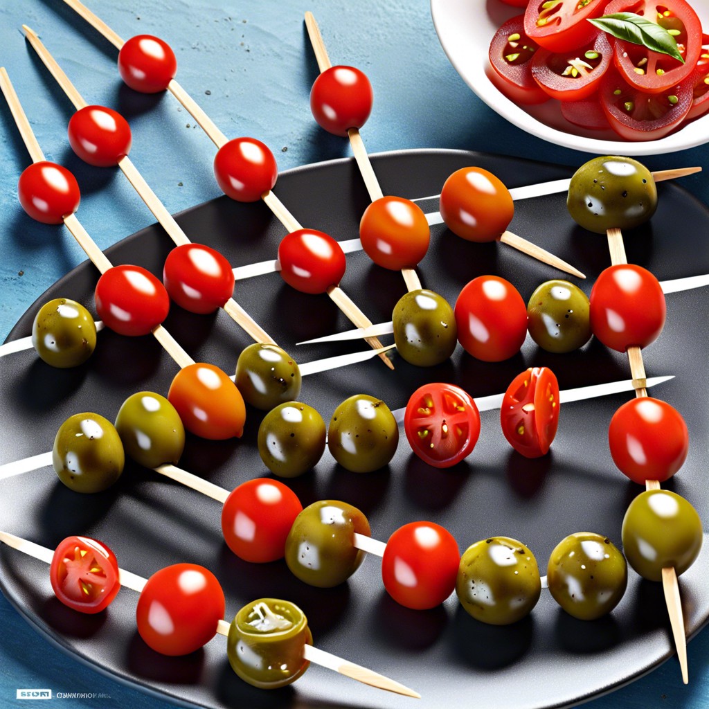 olive and cherry tomato skewers in team colors