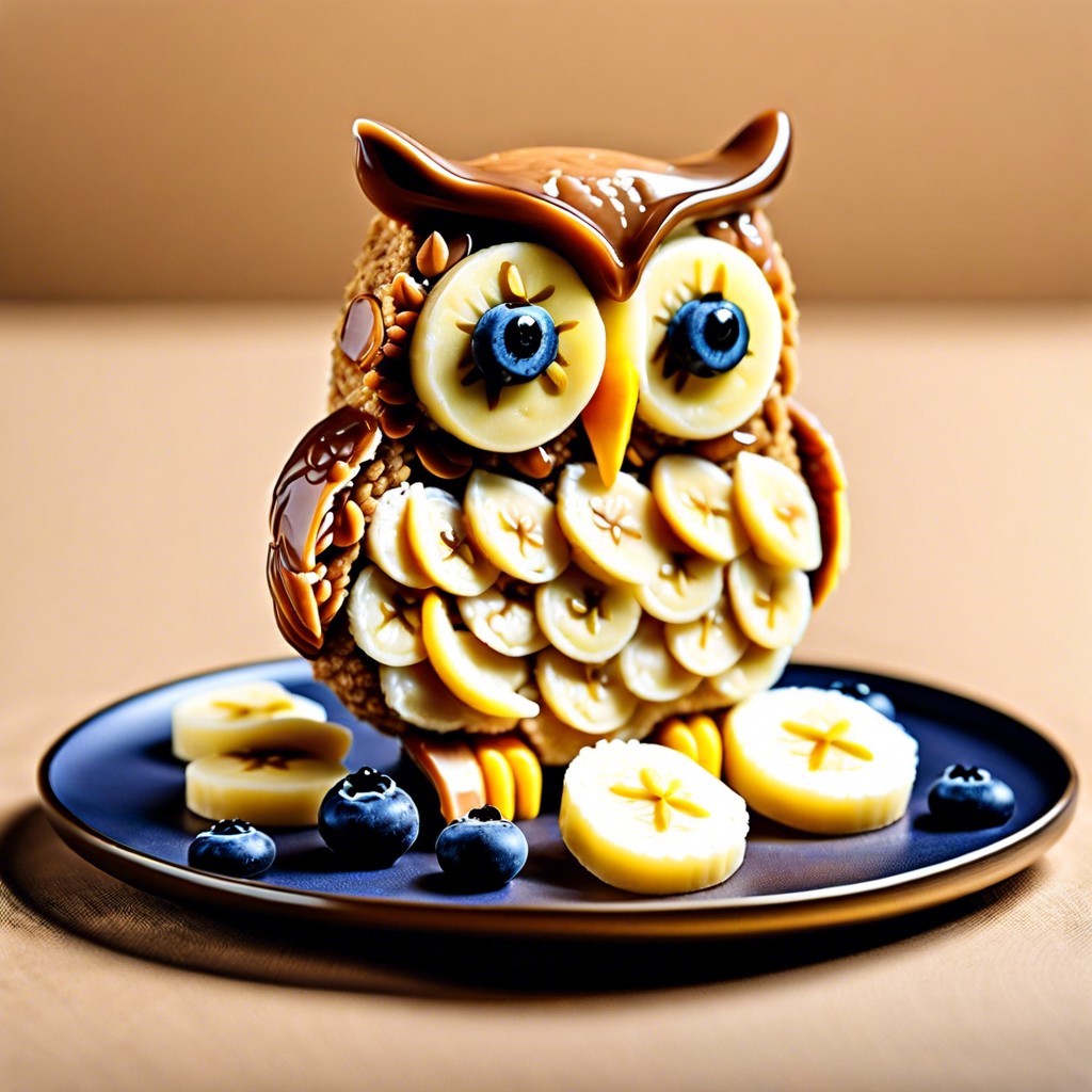 owl rice cakes rice cakes with almond butter banana slices and blueberries