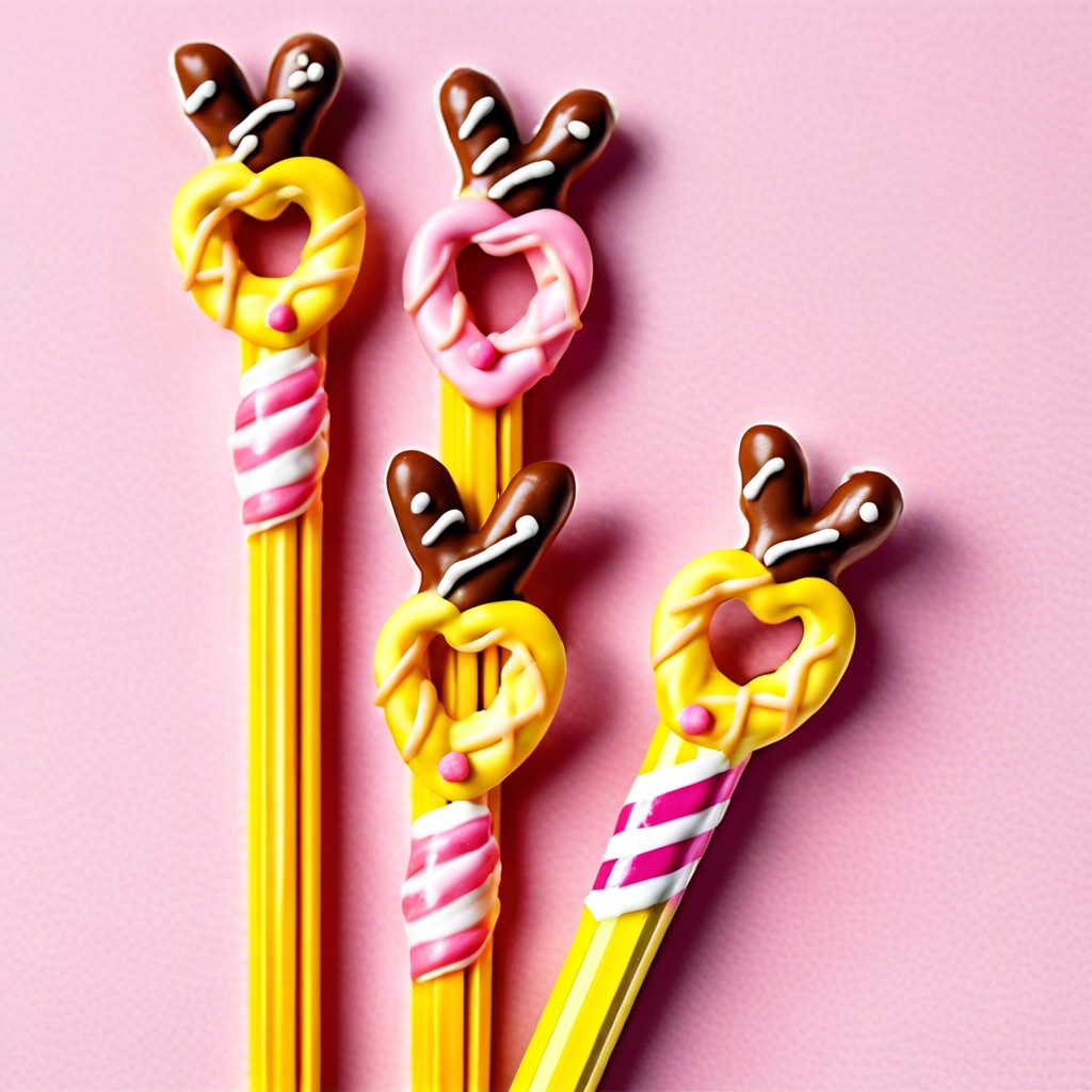 pencil pretzel rods dip pretzels in yellow chocolate and add a pink candy eraser