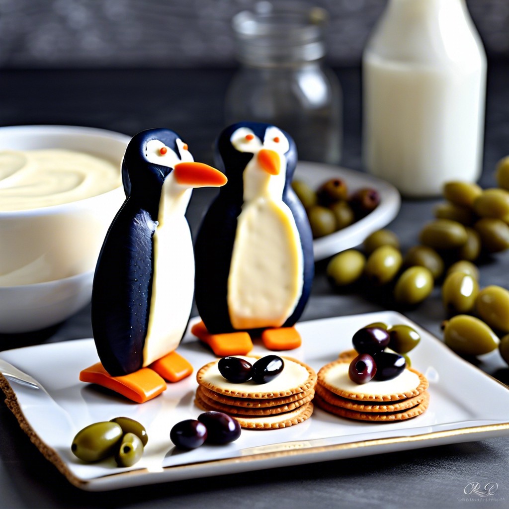 penguin crackers round crackers cream cheese black olives