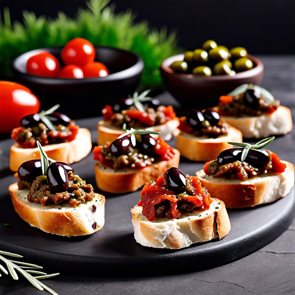pepperoni and olive tapenade crostini