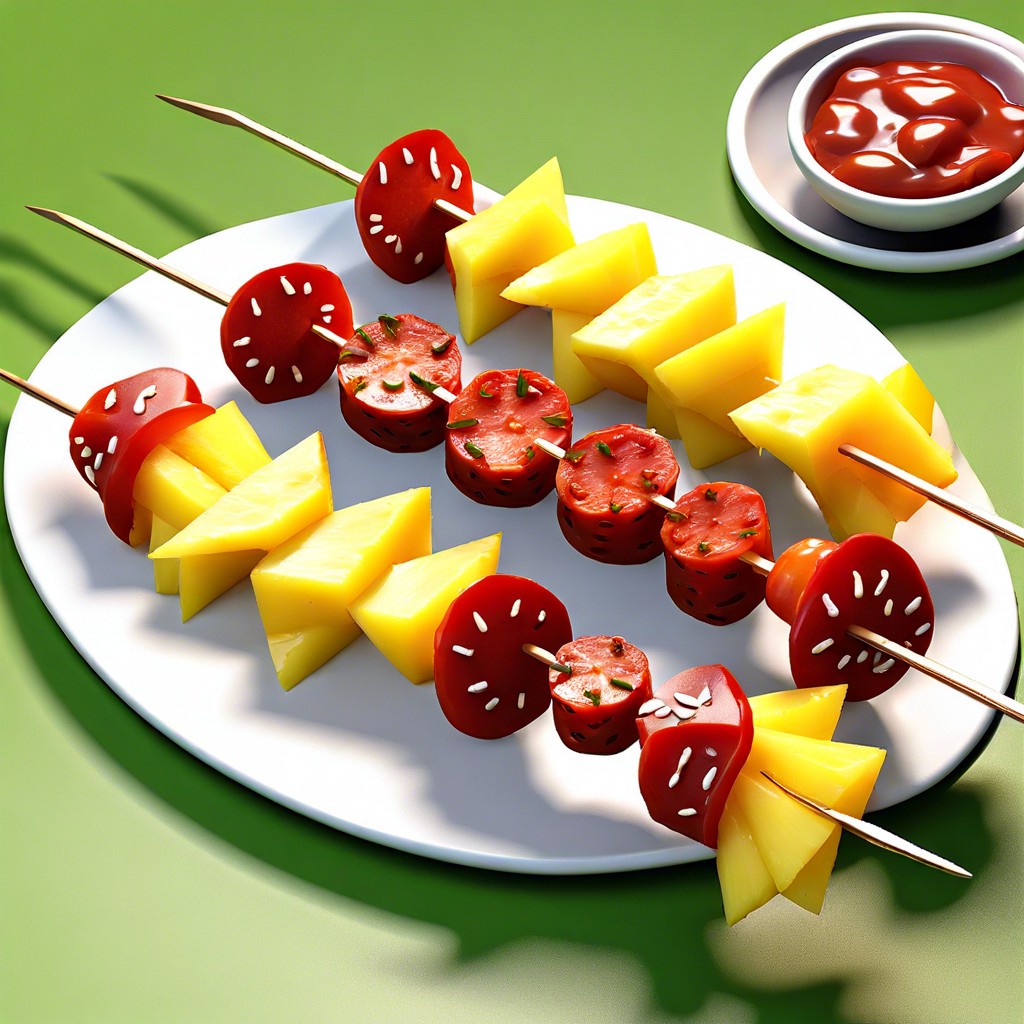 pepperoni and pineapple kabobs