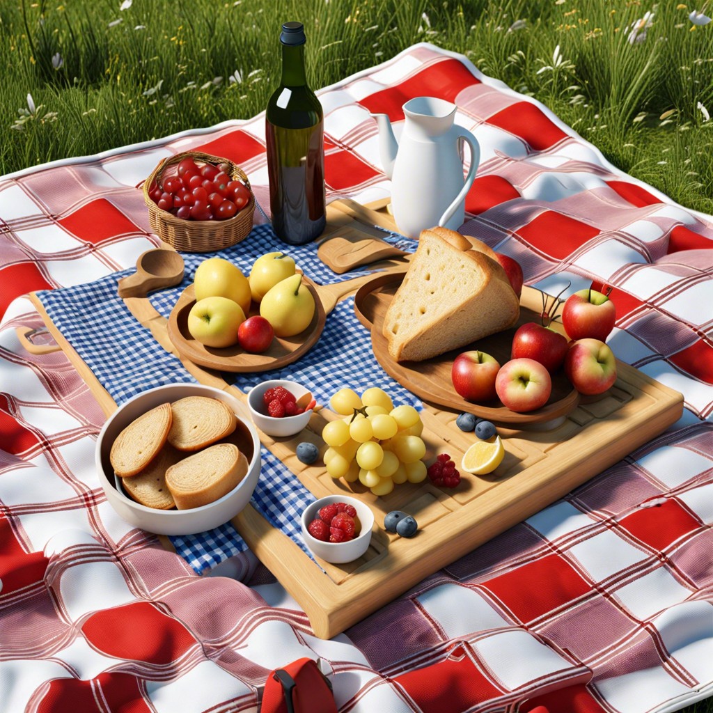 picnic board arranged on a checkered cloth with portable delights