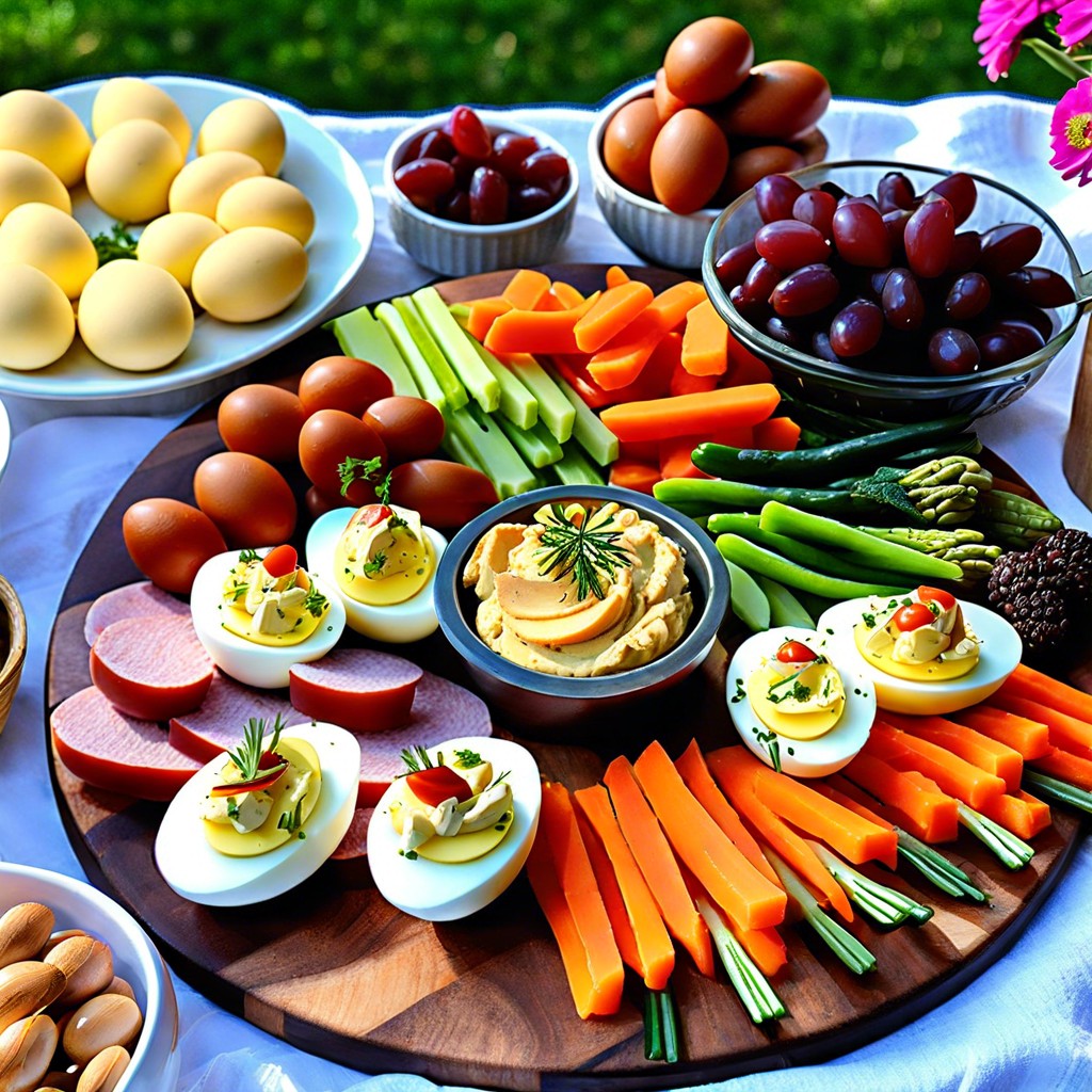 picnic charcuterie deviled eggs cold cuts veggies